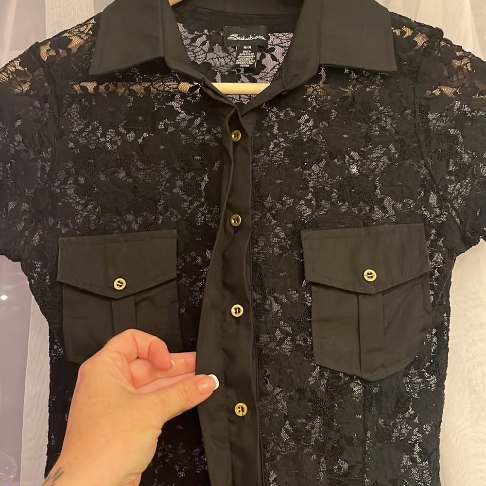 Seduction black lace button down shirt. Sz M
